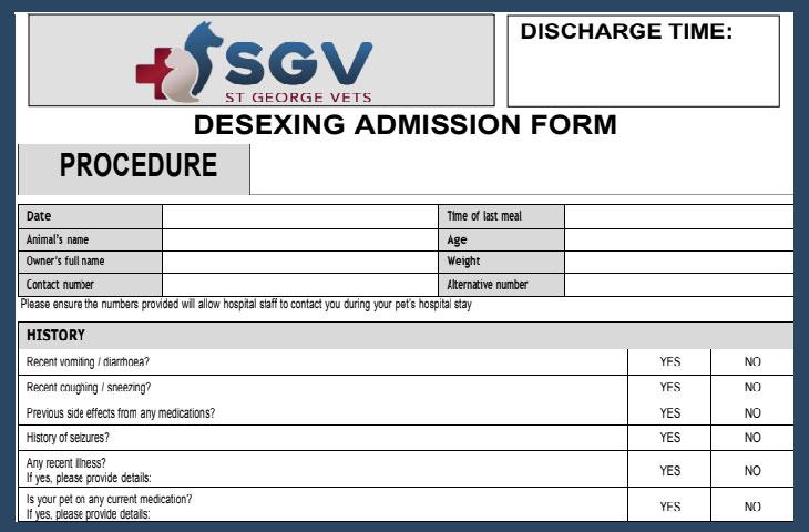 Desexing Admission Form